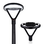 20W Solar LED Flood Light 1 - angled view, black, led post top garden light with distinctive triangular support arms