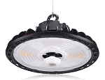 100W LED Shop Light 1 - bottom angled view, black, led high bay fixture featuring ufo-style round design with integrated heat