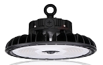 200W LED Shop Light 1 - 3/4 view, black, led high bay fixture with circular ufo-style design featuring prominent heat sink