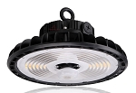 240W LED Shop Light 1 - angled 3/4 view from below, black, ufo-style round design with integrated heat sink fins around