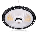 150W LED Shop Light 1 - angled view, black, led high bay fixture featuring ufo-style design with integrated heat sink fins