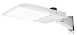 300W LED Street Light 1 - 3/4 view, white, adjustable yoke mount with multiple pivot points for precise aiming shows