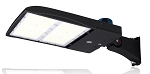 300W Shoebox LED Parking Lot Light 1 - angled view, black, dual led arrays with protective glass lenses, integrated photocell