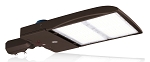 300W Shoebox LED Parking Lot Light 1 - 3/4 view, dark bronze, led area light featuring dual led modules with clear tempered
