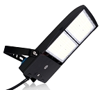 300W Shoebox LED Parking Lot Light 1 - angled view, black, dual-module led array featuring clear tempered glass lenses