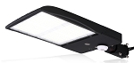 300W Motion Sensor LED Parking Lot Light 1 - 3/4 view, black, rectangular housing with integrated led array panel