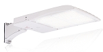 300W Shoebox LED Parking Lot Light 1 - 3/4 view, white, adjustable slip-fitter arm mount and tempered glass lens