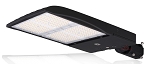 300W Shoebox LED Parking Lot Light 1 - angled view, black, rectangular housing with dual led arrays under tempered glass lens