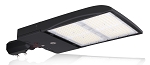 300W Shoebox LED Parking Lot Light 1 - 3/4 view, black, dual led panels with clear polycarbonate lenses and integrated heat