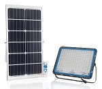300W Solar LED Flood Light 1 - 3/4 view, black, integrated solar charging system featuring large monocrystalline solar panel