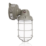 30W Class I Div II LED Light 1 - angled view, gray, vapor tight led fixture with protective wire cage guard