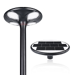 30W Solar LED Flood Light 1 - angled view, black, distinctive ufo-style design with four large oval led arrays positioned