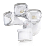 30W Motion Sensor LED Wall Light 1 - 3/4 view, white, three adjustable floodlight heads featuring square housings