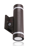 30W LED Outdoor Sconce Light 1 - angled view, bronze, cylindrical up/down light design with clear glass lenses on top