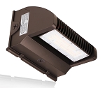 40W Commercial LED Wall Pack 1 - angled view, bronze, rectangular led array with white lens, prominent heat sink fins on rear