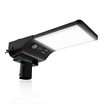 40W Solar LED Flood Light 1 - 3/4 view, black, integrated photocell sensor, large rectangular led array with polycarbonate