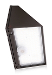 40W Motion Sensor LED Wall Pack 1 - angled view, dark bronze, led wall pack featuring rectangular housing with angled top