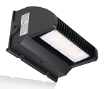40W Commercial LED Wall Pack 1 - 3/4 view, black, rectangular led array with white polycarbonate lens cover, extensive heat