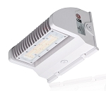 40W Full Cutoff LED Wall Pack 1 - 3/4 view, white, rectangular led array with tempered glass lens, extensive heat sink fins
