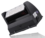 40W Commercial LED Wall Pack 1 - angled view, black, rectangular led array behind clear polycarbonate lens, prominent heat
