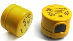 model 3 Prong Twist Sensor 1 - angled view, yellow plastic photocell sensors (photocontrols) with twist-lock base design
