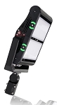500W LED Sport & Area Light 1 - angled view, black, dual-module design with rectangular led panels, integrated heat sink fins