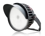 500W LED Flood Mount Stadium Light 1 - 3/4 view, black, prominent heat sink cooling fins, large circular led array