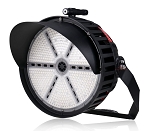 500W 480V LED Stadium Light 1 - 3/4 view, black, large circular led array with sectored lens design, robust yoke mounting