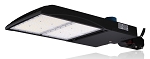 500W Shoebox LED Parking Lot Light 1 - angled view, black, rectangular housing with integrated led array panel, slip-fitter