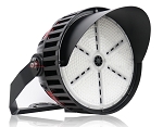 500W 480V LED Stadium Light 1 - angled view, black, large circular led array with segmented design, robust heat sink fins