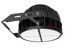 500W LED Stadium Light 1 - 3/4 view, black, circular led array with segmented lens design, robust heat sink