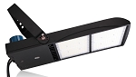 500W Shoebox LED Parking Lot Light 1 - angled view, black, dual led modules with tempered glass lenses, adjustable yoke