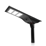 50W Solar LED Flood Light 1 - angled view, black, sleek aerodynamic housing design featuring three square led modules