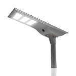 80W Solar LED Flood Light 1 - angled view, gray, three rectangular led modules arranged linearly, adjustable knuckle mount