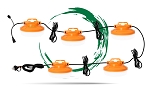 50W LED Dock Light 1 - arranged display, plastic led string light set with five circular disc-shaped fixtures connected