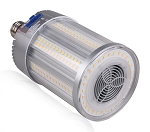 50W E26 LED Corn Bulb 1 - angled view, high-wattage led corn bulb with clear polycarbonate housing showing multiple rows