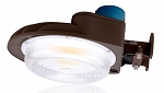 60W LED Barn Style Light 1 - angled view, bronze, large circular housing with ribbed polycarbonate lens
