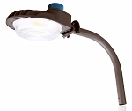 60W LED Arm Mount Barn Light 1 - 3/4 view, bronze, curved arm design with adjustable knuckle mount connection