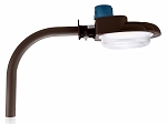 120W LED Arm Mount Barn Light 1 - side view, bronze, curved cobra-head design with clear polycarbonate lens