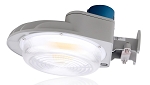 60W LED Barn Style Light 1 - 3/4 view, gray, barn-style hood design with clear polycarbonate prismatic lens