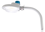 60W LED Arm Mount Barn Light 1 - 3/4 view, light gray led street light featuring curved cobra head design
