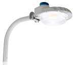 120W LED Arm Mount Barn Light 1 - 3/4 view, gray, curved arm design with integrated heat sink fins, clear tempered glass lens