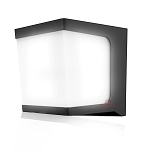 7W Solar LED Flood Light 1 - angled view, black, curved white polycarbonate lens and modern architectural design