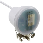 Warehouse lights 1 - angled view, white, powder-coated led canopy light fixture with circular housing and integrated driver