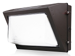 60W Commercial LED Wall Pack 1 - 3/4 view, bronze, large polycarbonate lens with prismatic design for optimal light