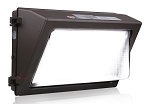 80W Commercial LED Wall Pack 1 - 3/4 view, bronze, large rectangular polycarbonate lens with prismatic pattern for light
