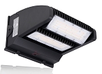 80W Commercial LED Wall Pack 1 - angled view, black, dual led modules with clear tempered glass lenses, extensive heat sink