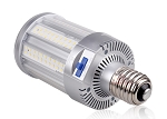 80W LED Large Base Corn Bulb 1 - angled view, silver, led corn bulb with clear polycarbonate lens cover showing multiple rows