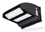80W Commercial LED Wall Pack 1 - angled view, black, dual led modules with tempered glass lenses and extensive heat sink fins
