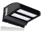 80W Commercial LED Wall Pack 1 - 3/4 view, black, modular led array design with three separate led panels